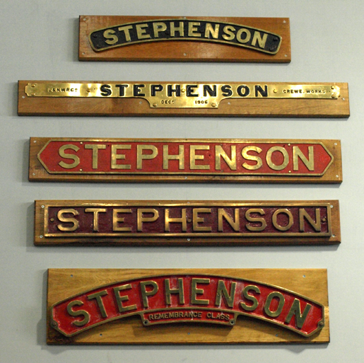 collection of Stephenson nameplates at Shildon